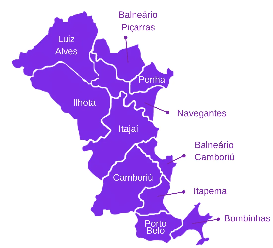 Mapa da região da Foz do Rio Itajaí com os 11 municípios cobertos pelo mapeamento